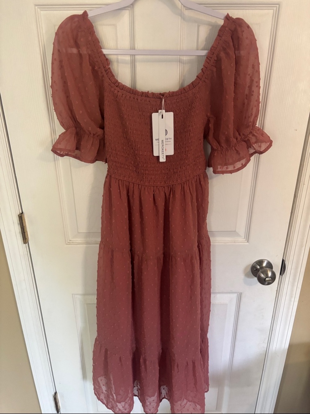 Merokeety Smocked Puff-Sleeve Midi Dress in Dusty Rose NWT - Picture 7 of 12